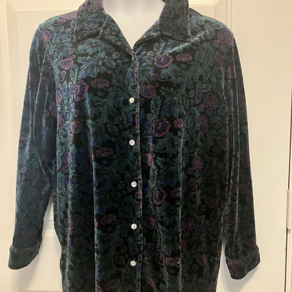 Talbots XL Floral Velvet Tunic Shirt Women's Black‎ Purple Button Whimsygoth 90s
